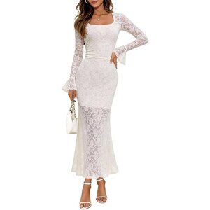 Women's White Long Sleeve Lace Square Neck Fall Bodycon Cocktail Maxi Dress